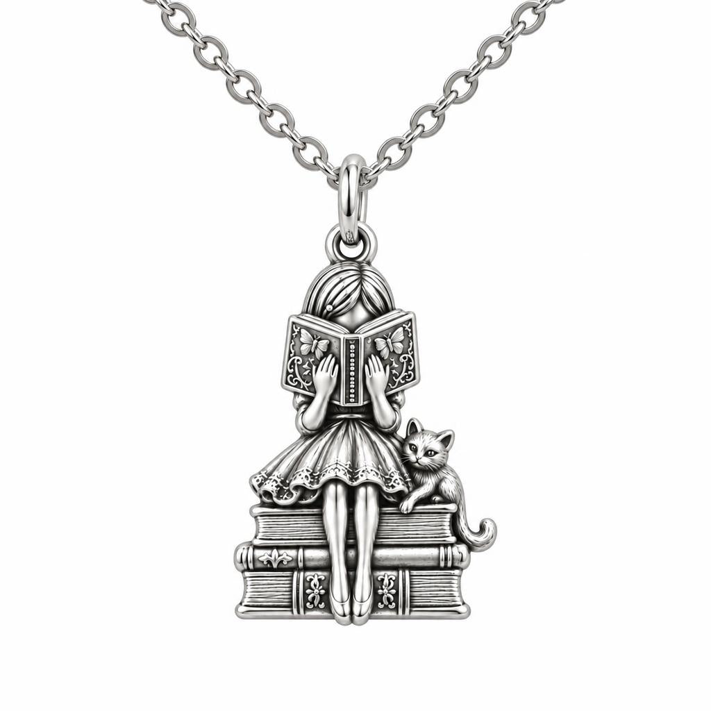 Quiet Reader and Cat Charm Necklace Set – silver, front view
