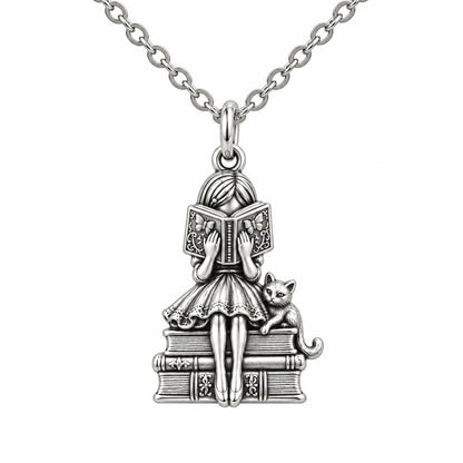 Quiet Reader and Cat Charm Necklace Set – silver, front view