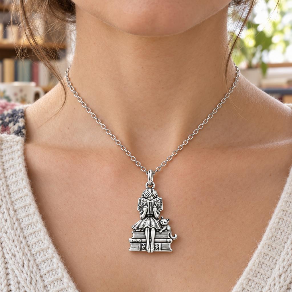 Quiet Reader and Cat Charm Necklace Set – worn / in use
