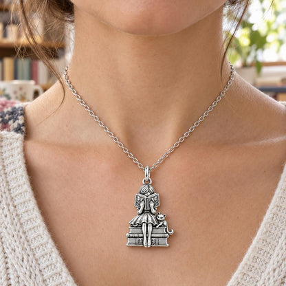 Quiet Reader and Cat Charm Necklace Set – worn / in use