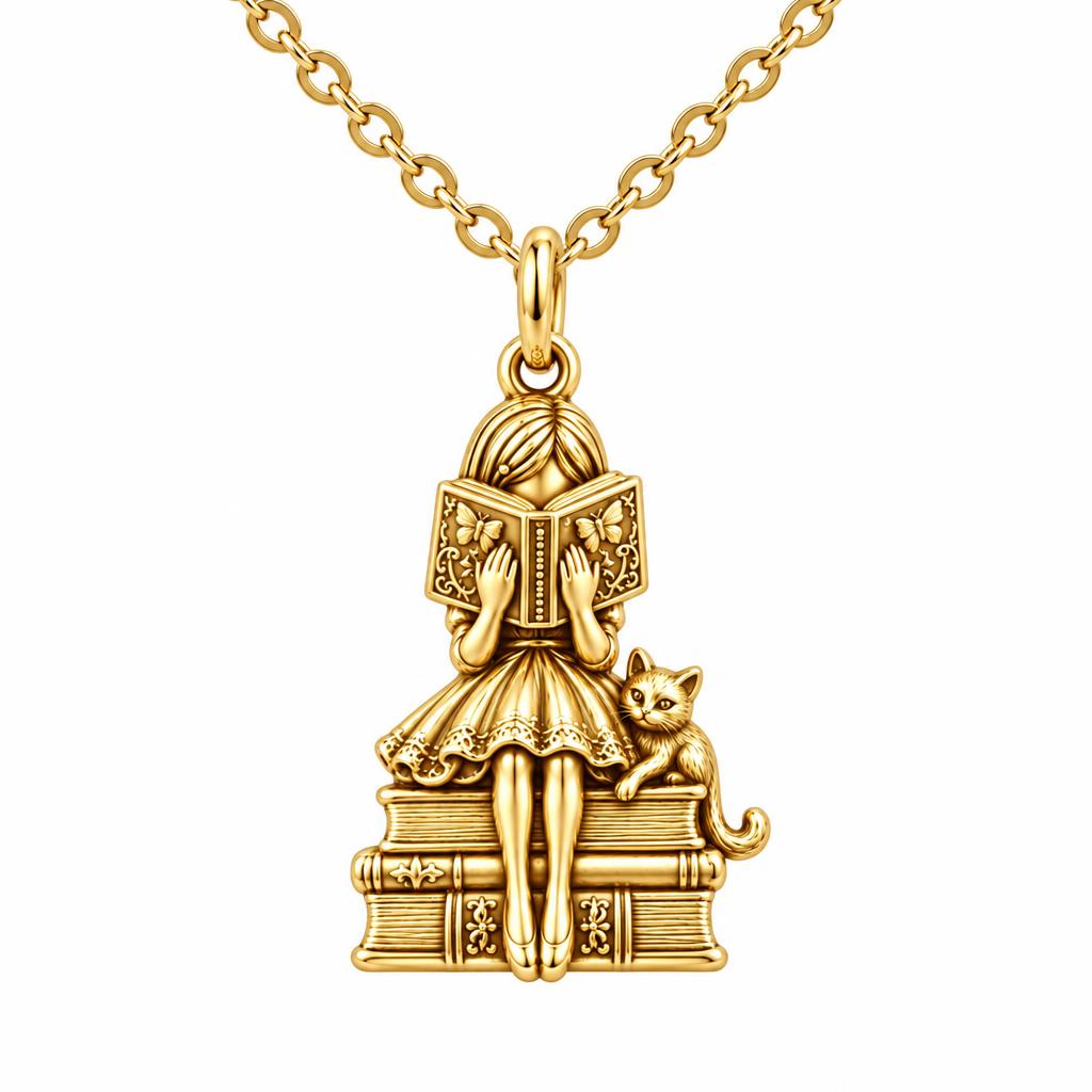 Quiet Reader and Cat Charm Necklace Set – 18K gold, front view