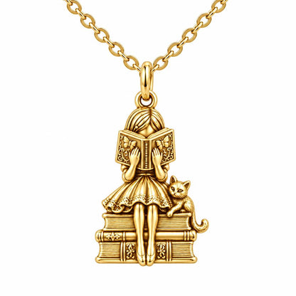 Quiet Reader and Cat Charm Necklace Set – 18K gold, front view