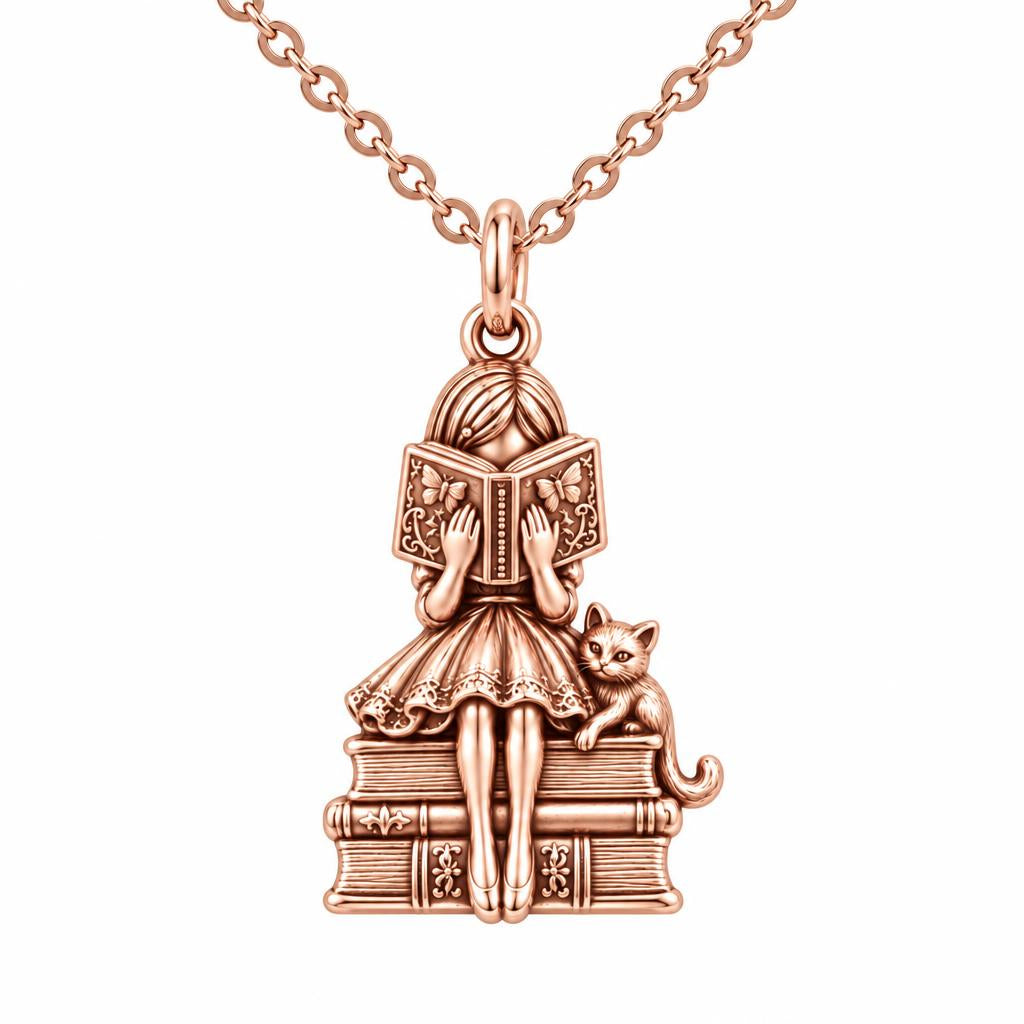 Quiet Reader and Cat Charm Necklace Set – rose gold, front view
