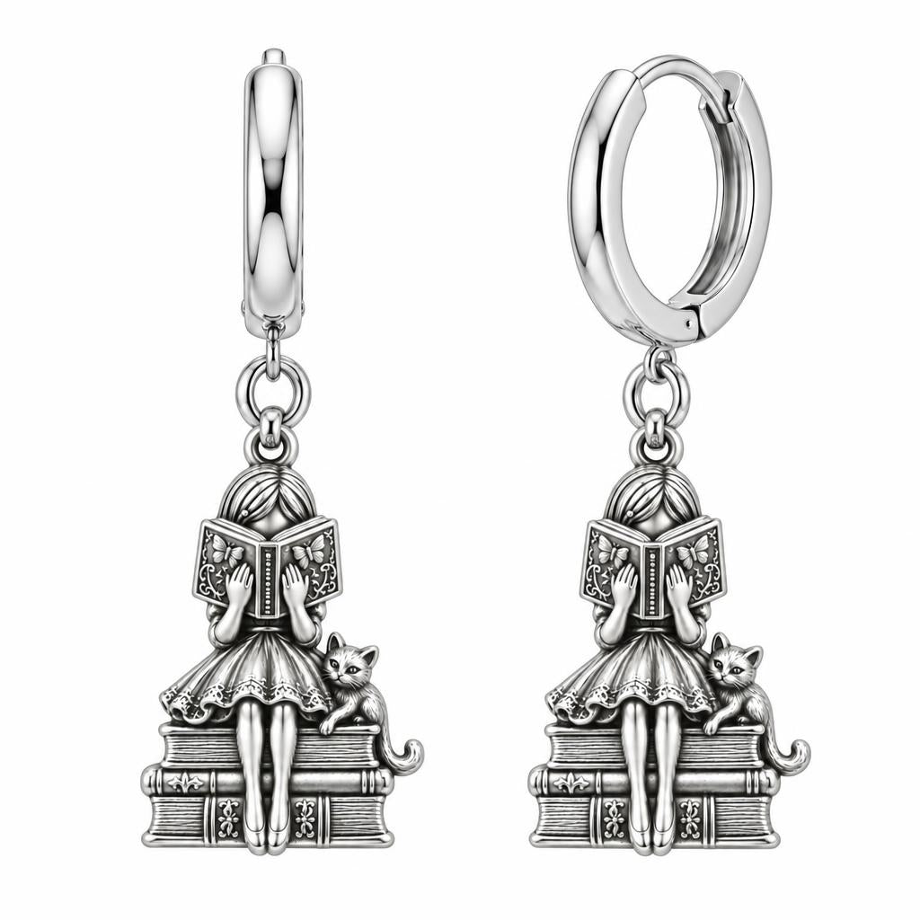 Quiet Reader and Cat Huggie Charm Earrings – silver, front view