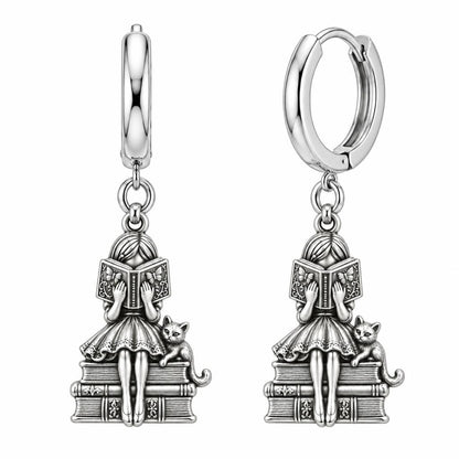 Quiet Reader and Cat Huggie Charm Earrings – silver, front view