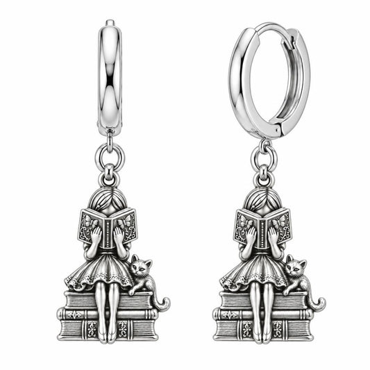 Quiet Reader and Cat Huggie Charm Earrings – silver, front view