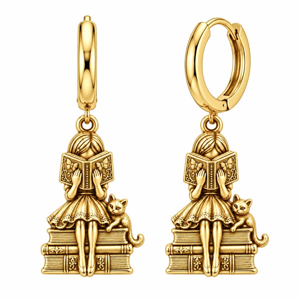 Quiet Reader and Cat Huggie Charm Earrings – 18K gold, front view