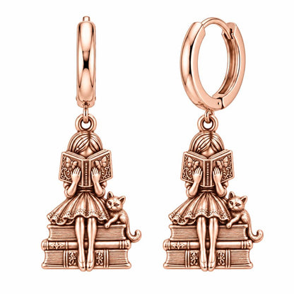 Quiet Reader and Cat Huggie Charm Earrings – rose gold, front view