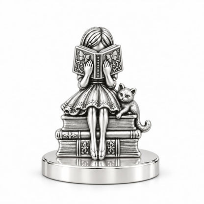 Quiet Reader and Cat Keepsake Plaque – silver, front view