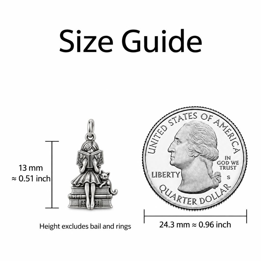 Quiet Reader and Cat Keepsake Plaque – size guide, 13 mm charm next to a quarter