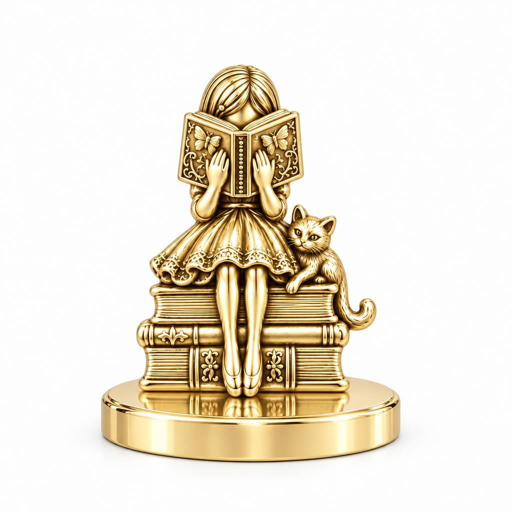 Quiet Reader and Cat Keepsake Plaque – 18K gold, front view
