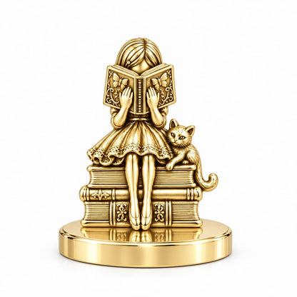 Quiet Reader and Cat Keepsake Plaque – 18K gold, front view