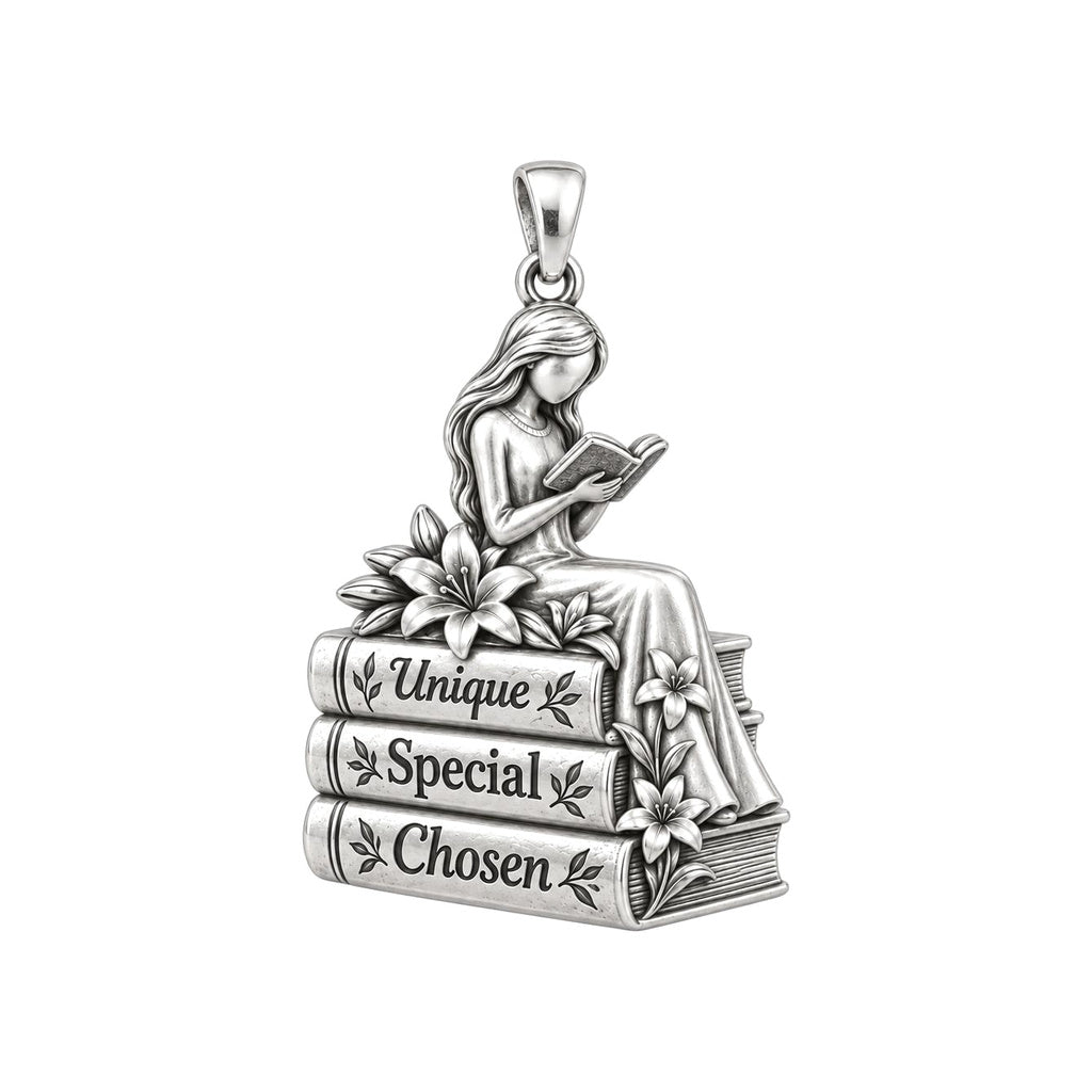 Quiet Reader Lily Stack Charm Bracelet – Personalized Mom Gift – silver plated 3 cm charm, front view