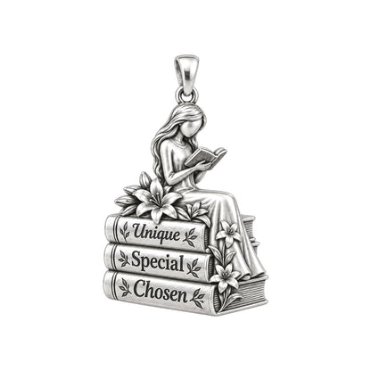 Quiet Reader Lily Stack Charm Bracelet – Personalized Mom Gift – silver plated 3 cm charm, front view