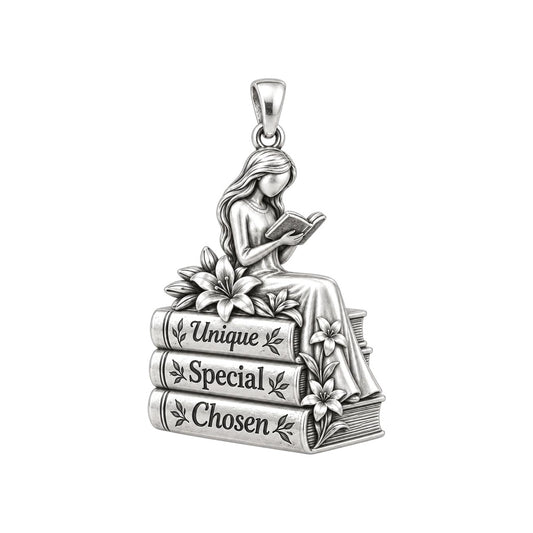 Quiet Reader Lily Stack Charm Bracelet – Personalized Mom Gift – silver plated 3 cm charm, front view