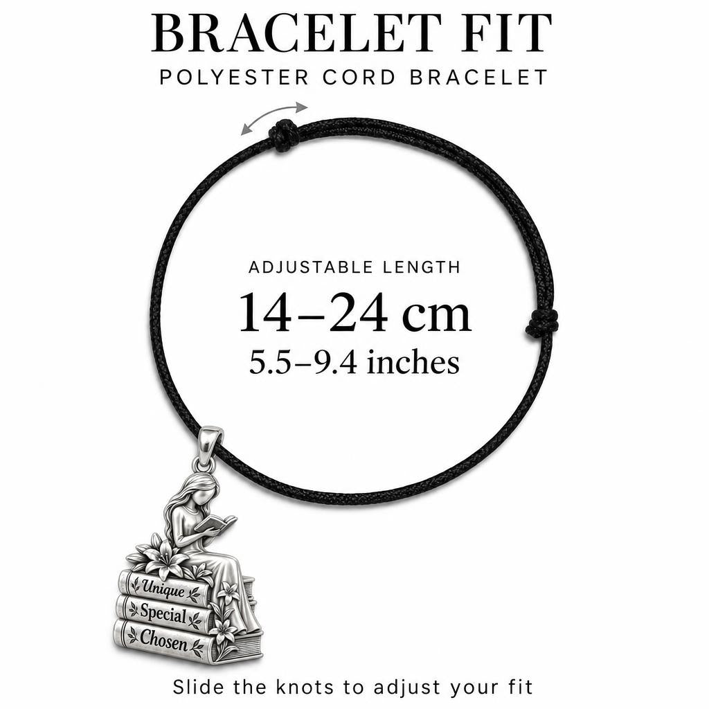 Quiet Reader Lily Stack Charm Bracelet – Personalized Mom Gift – adjustable black cord bracelet, 14–24 cm