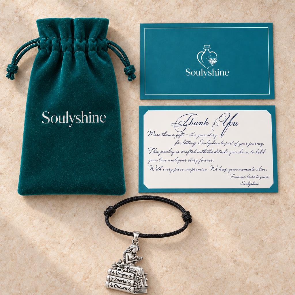 Quiet Reader Lily Stack Charm Bracelet – Personalized Mom Gift – Soulyshine velvet pouch and gift card