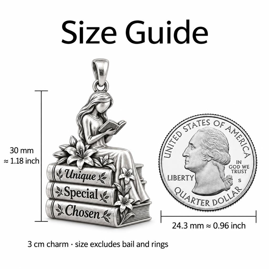 Quiet Reader Lily Stack Charm Bracelet – Personalized Mom Gift – size guide, 3 cm charm next to a quarter