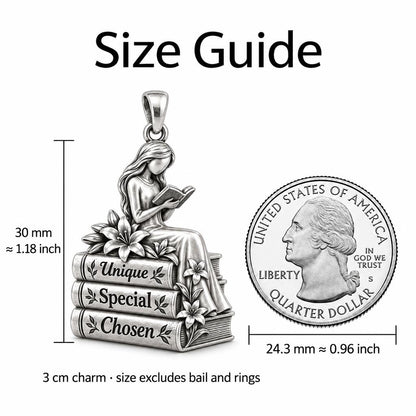 Quiet Reader Lily Stack Charm Bracelet – Personalized Mom Gift – size guide, 3 cm charm next to a quarter