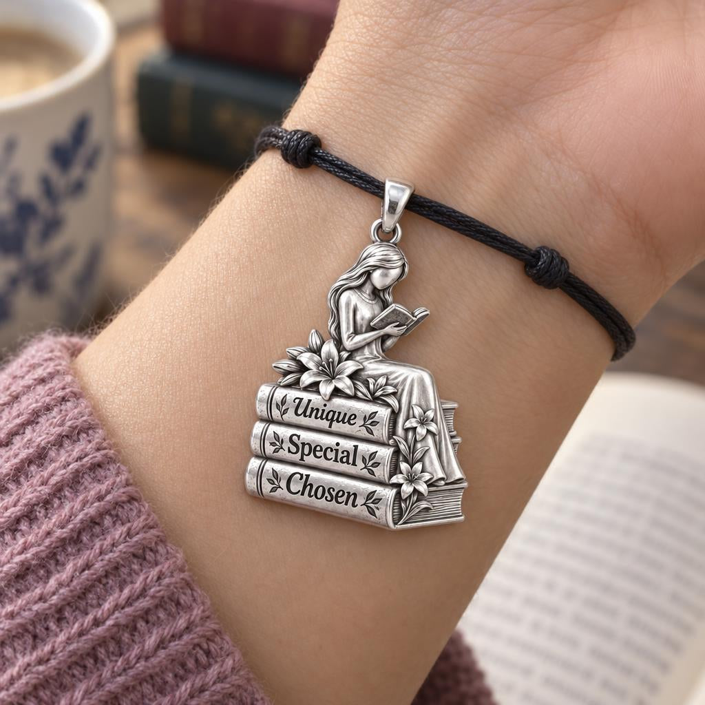 Quiet Reader Lily Stack Charm Bracelet – Personalized Mom Gift – worn on the wrist on a black cord bracelet