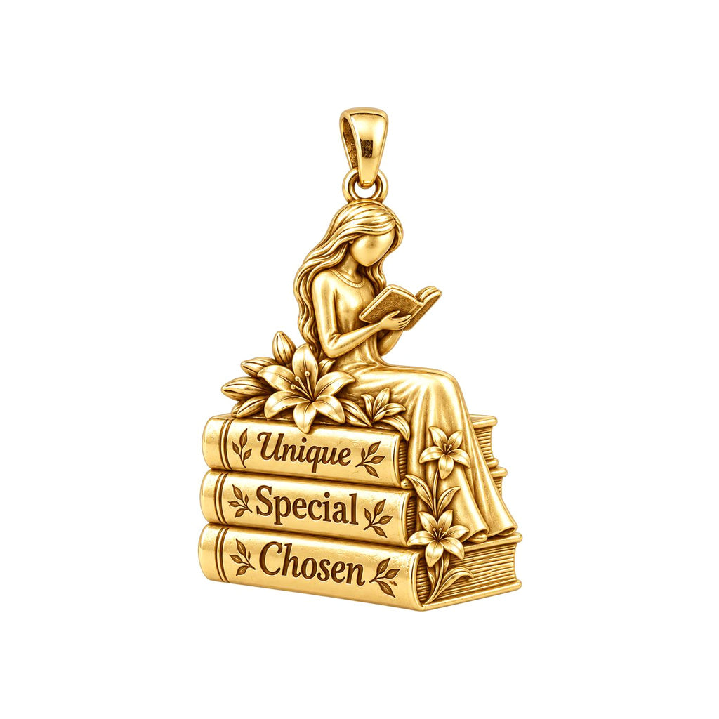 Quiet Reader Lily Stack Charm Bracelet – Personalized Mom Gift – 18K gold plated 3 cm charm, front view