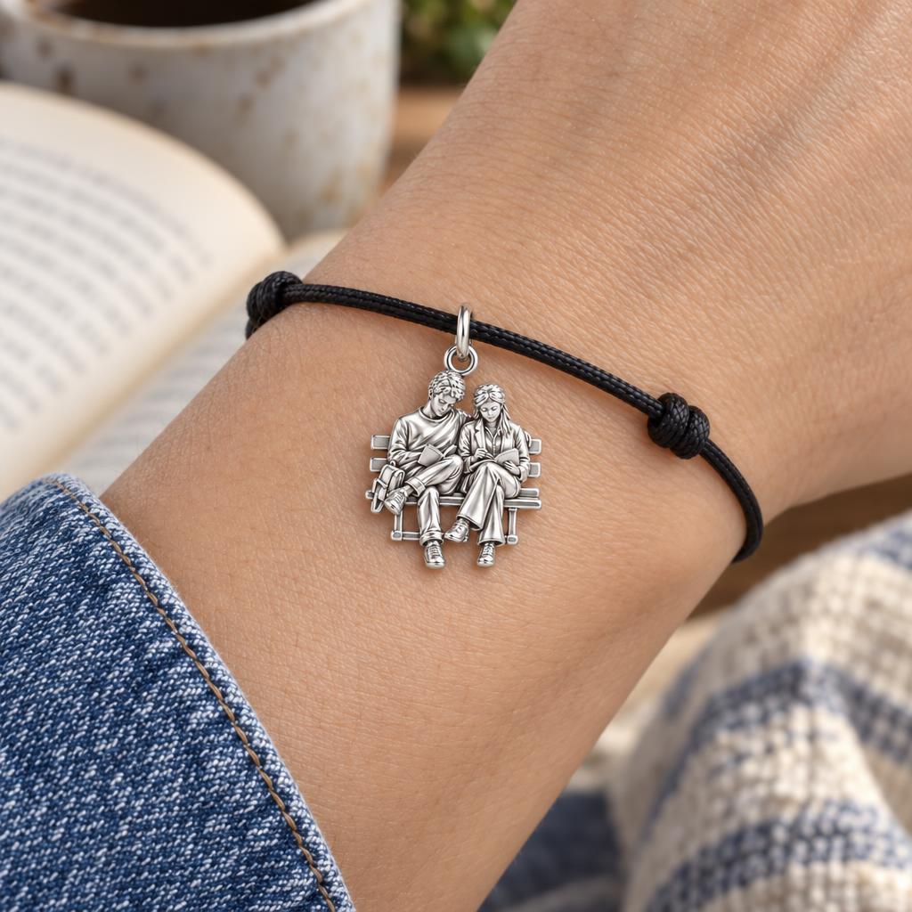 Quiet Reading Couple Charm Bracelet – Personalized Couple Gift – worn on the wrist on a black cord bracelet