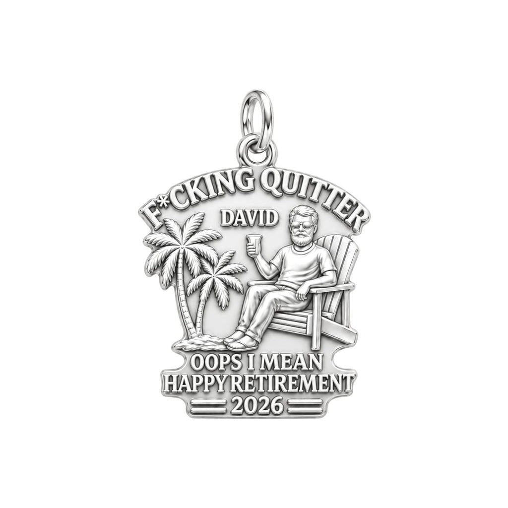 Quitter Retirement Beach Charm Bracelet – Personalized Retiree Gift – silver plated 2 cm charm, front view
