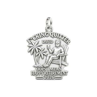 Quitter Retirement Beach Charm Bracelet – Personalized Retiree Gift – silver plated 2 cm charm, front view
