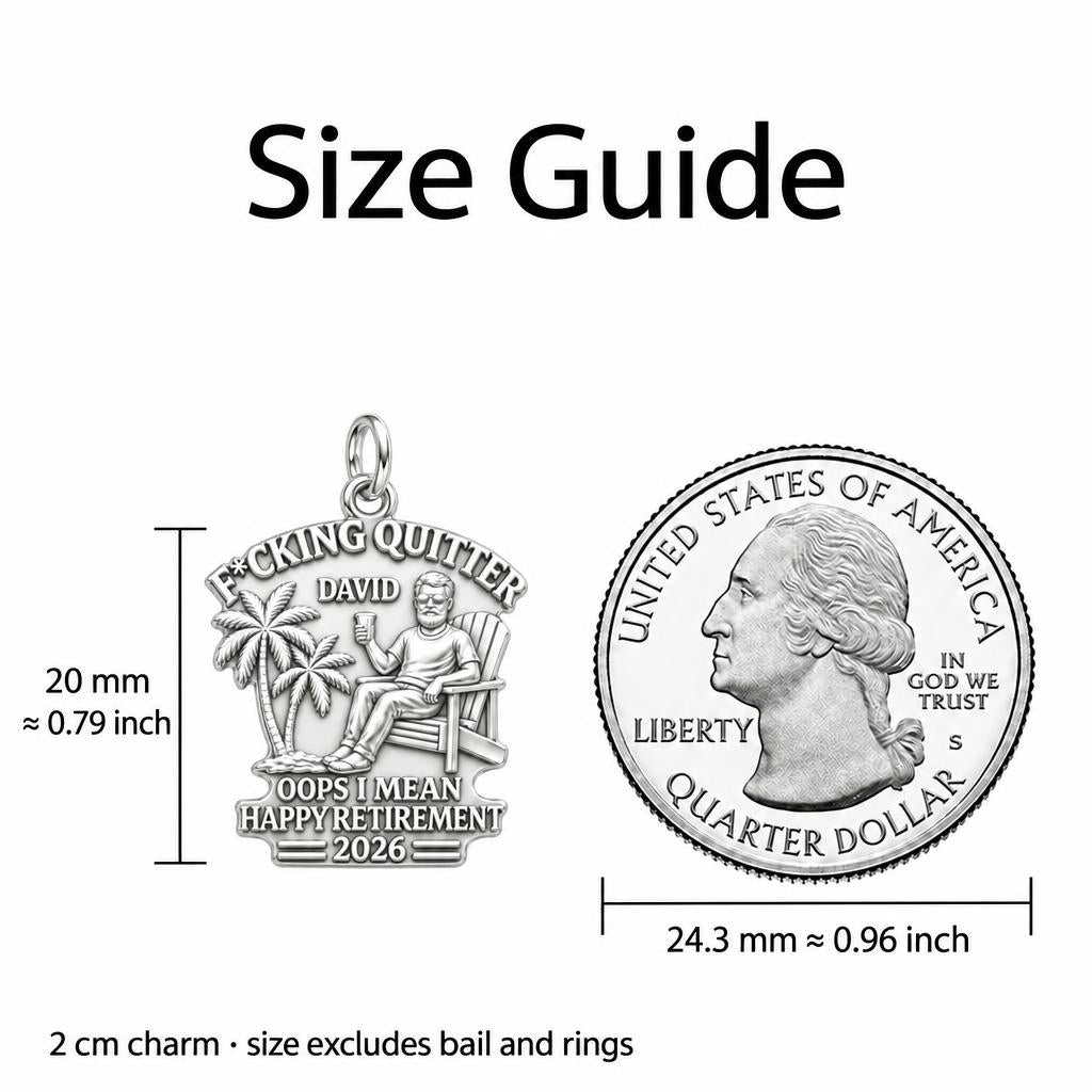 Quitter Retirement Beach Charm Bracelet – Personalized Retiree Gift – size guide, 2 cm charm next to a quarter