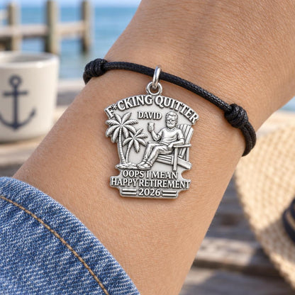 Quitter Retirement Beach Charm Bracelet – Personalized Retiree Gift – worn on the wrist on a black cord bracelet