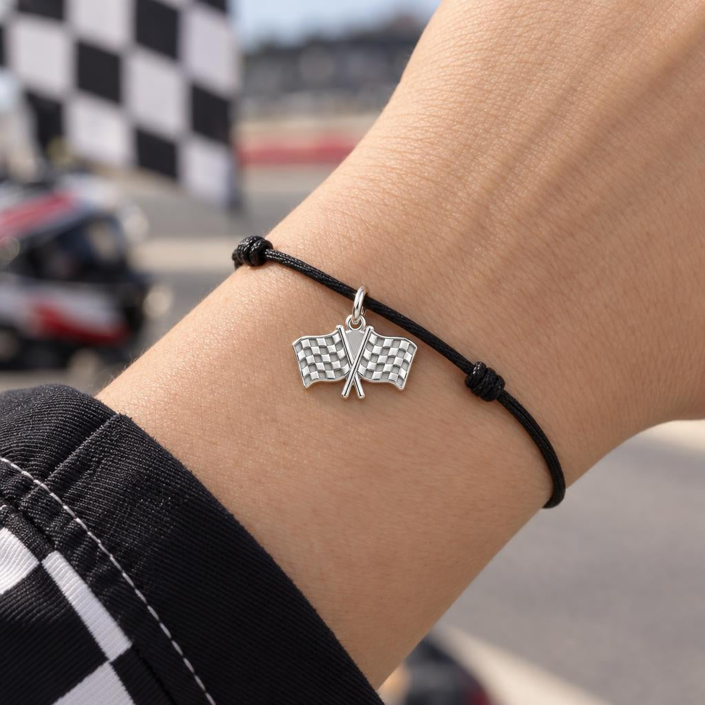 Racing Finish Line Charm Bracelet – Personalized Racer Gift – worn on the wrist on a black cord bracelet