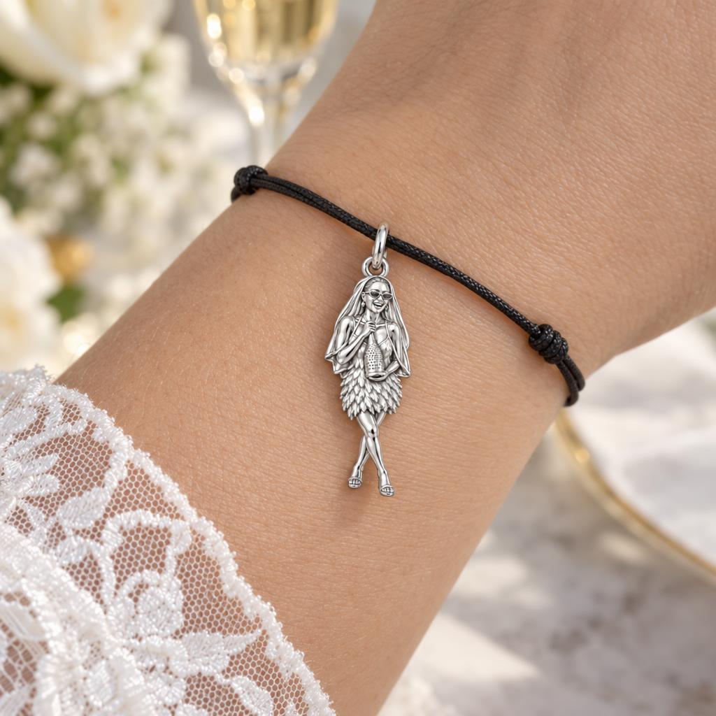 Radiant Bride Celebration Charm Bracelet – Personalized Bride Gift – worn on the wrist on a black cord bracelet