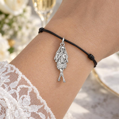Radiant Bride Celebration Charm Bracelet – Personalized Bride Gift – worn on the wrist on a black cord bracelet
