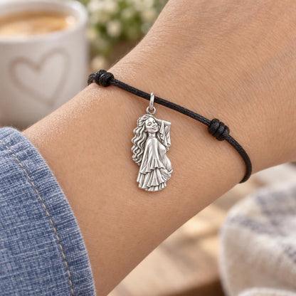 Radiant Expectant Mother Charm Bracelet – Personalized Mom Gift – worn on the wrist on a black cord bracelet