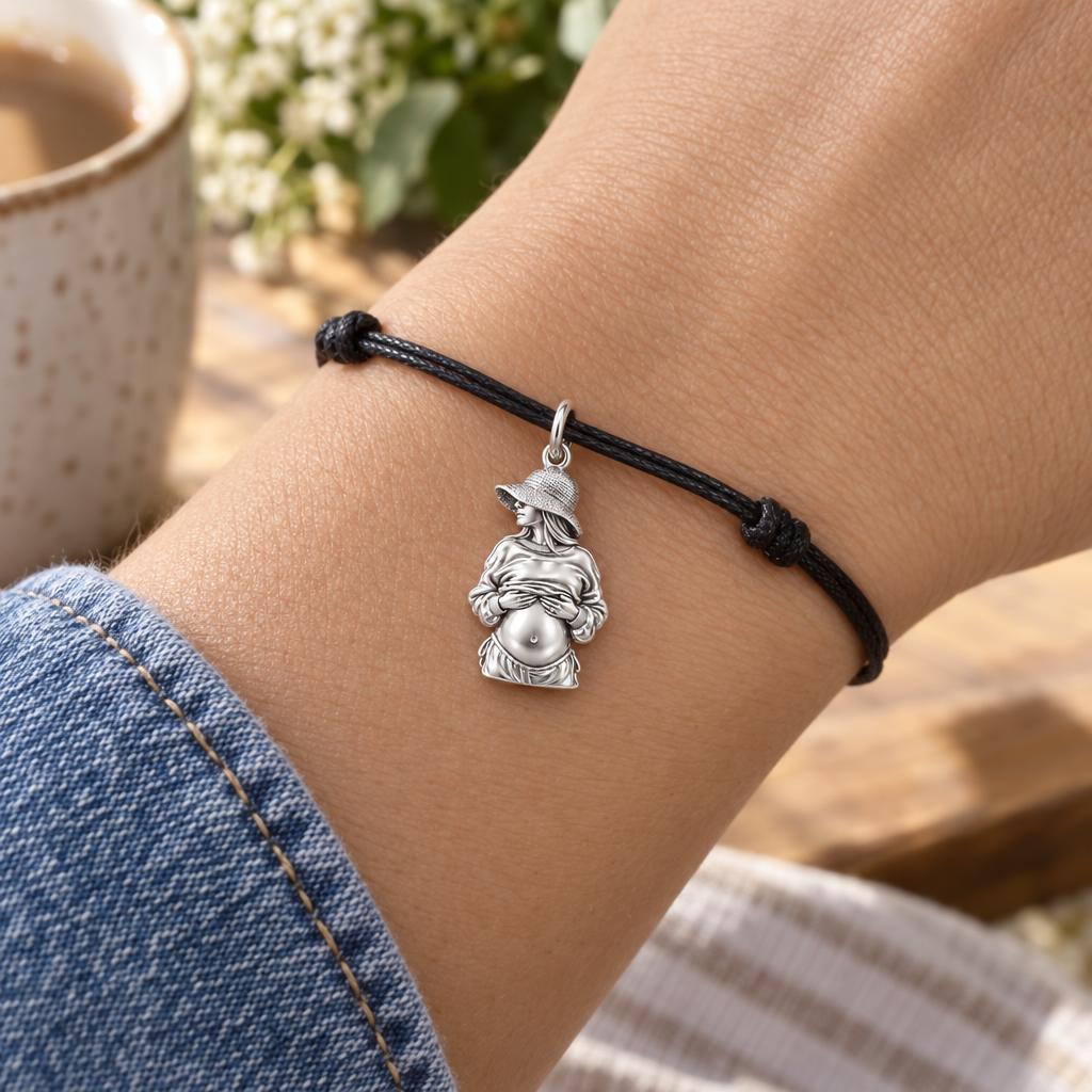 Radiant Expectation Charm Bracelet – Personalized Mom Gift – worn on the wrist on a black cord bracelet