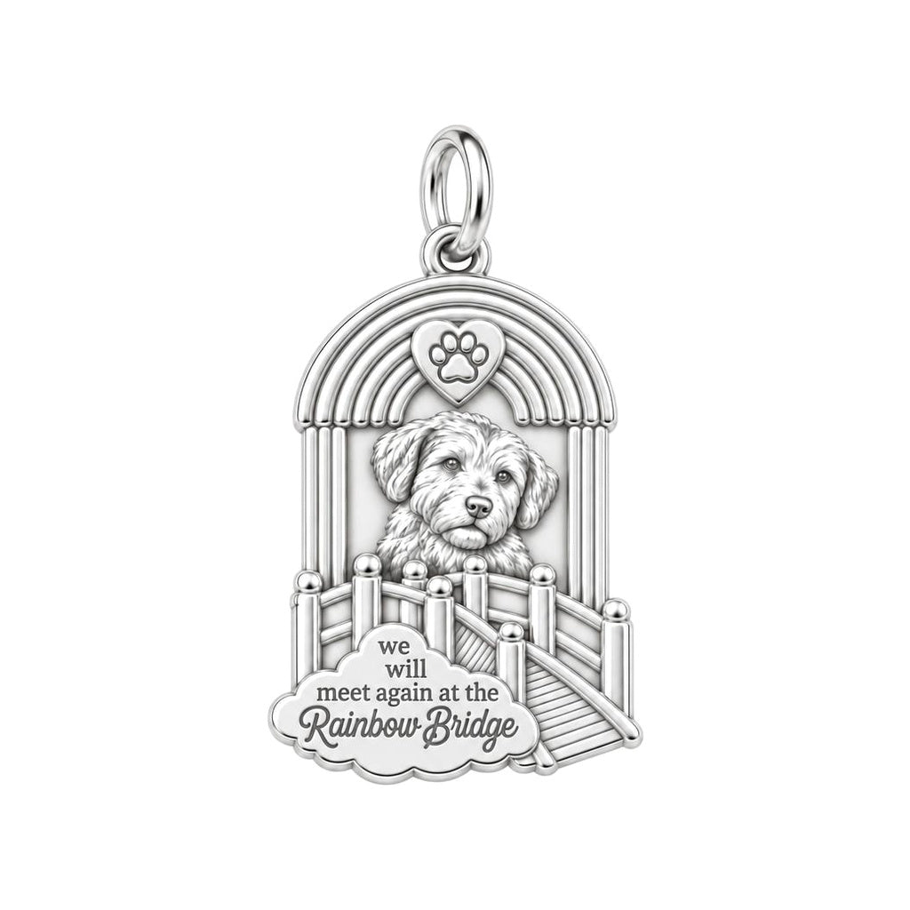 Rainbow Bridge Memorial Charm Bracelet – Personalized Pet Gift – silver plated 2 cm charm, front view