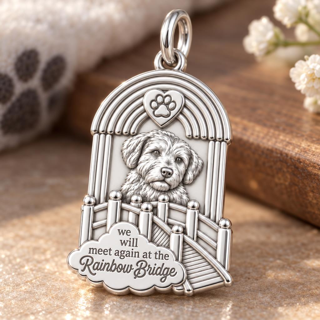 Rainbow Bridge Memorial Charm Bracelet – Personalized Pet Gift – macro detail of the charm