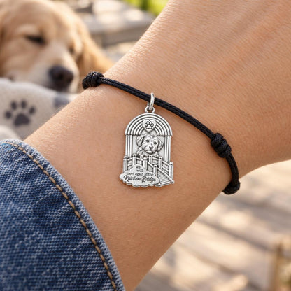 Rainbow Bridge Memorial Charm Bracelet – Personalized Pet Gift – worn on the wrist on a black cord bracelet