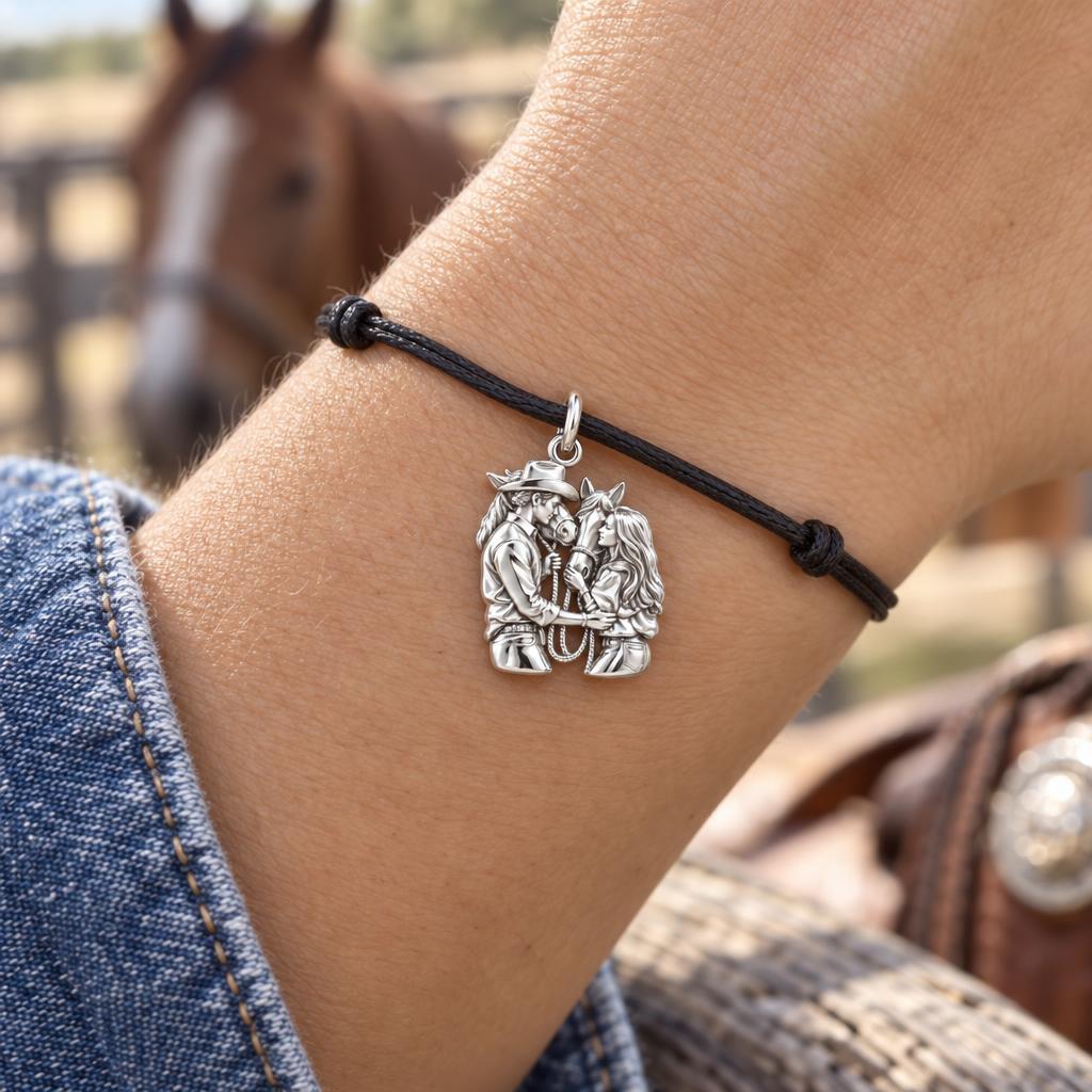 Ranch Life Love Charm Bracelet – Personalized Couple Gift – worn on the wrist on a black cord bracelet
