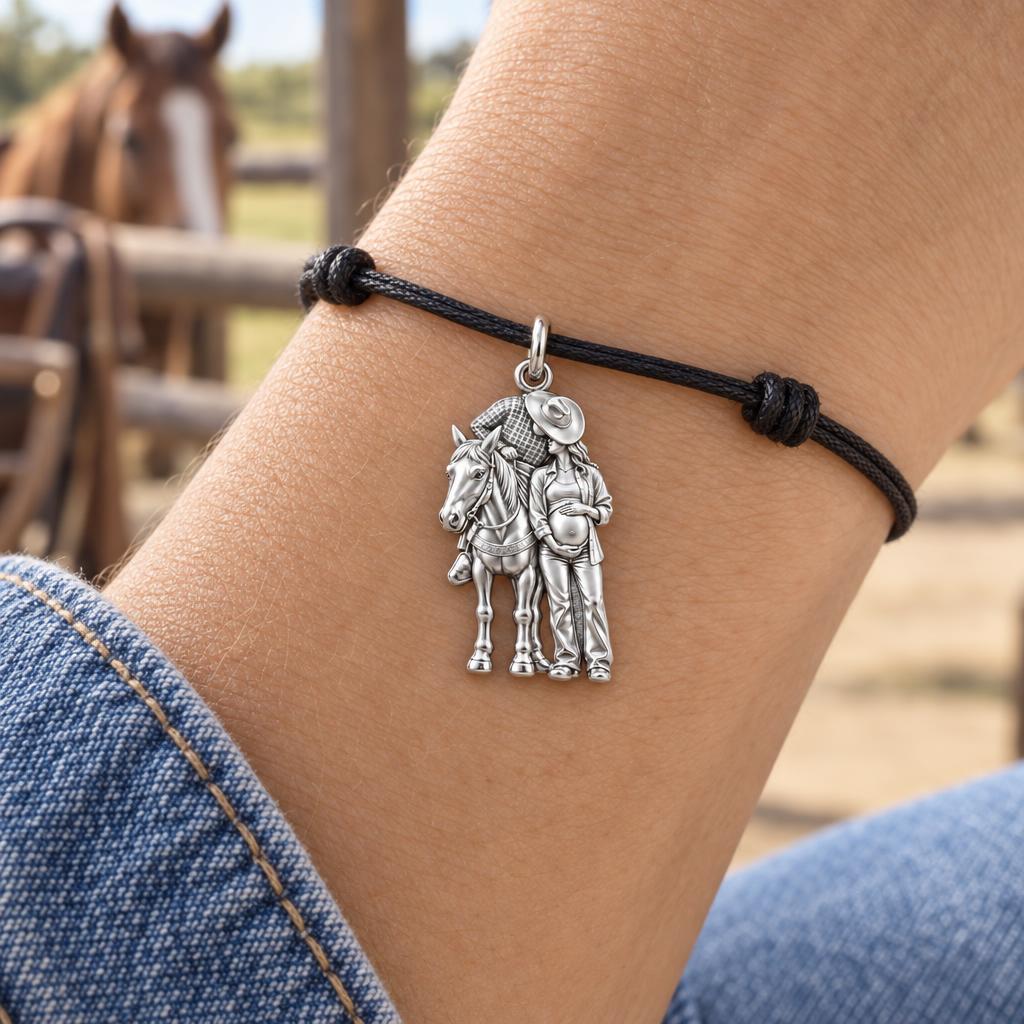 Ranch Life New Chapter Charm Bracelet – Personalized Mom Gift – worn on the wrist on a black cord bracelet