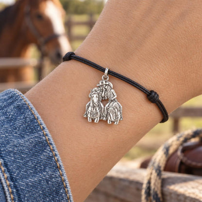 Ranch Romance Charm Bracelet – Personalized Couple Gift – worn on the wrist on a black cord bracelet