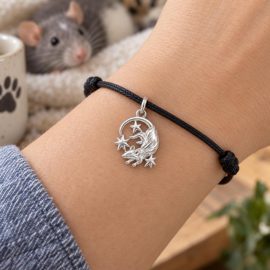 Rat Among the Stars Charm Bracelet – Personalized Pet Gift – worn on the wrist on a black cord bracelet