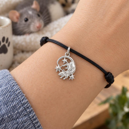 Rat Among the Stars Charm Bracelet – Personalized Pet Gift – worn on the wrist on a black cord bracelet