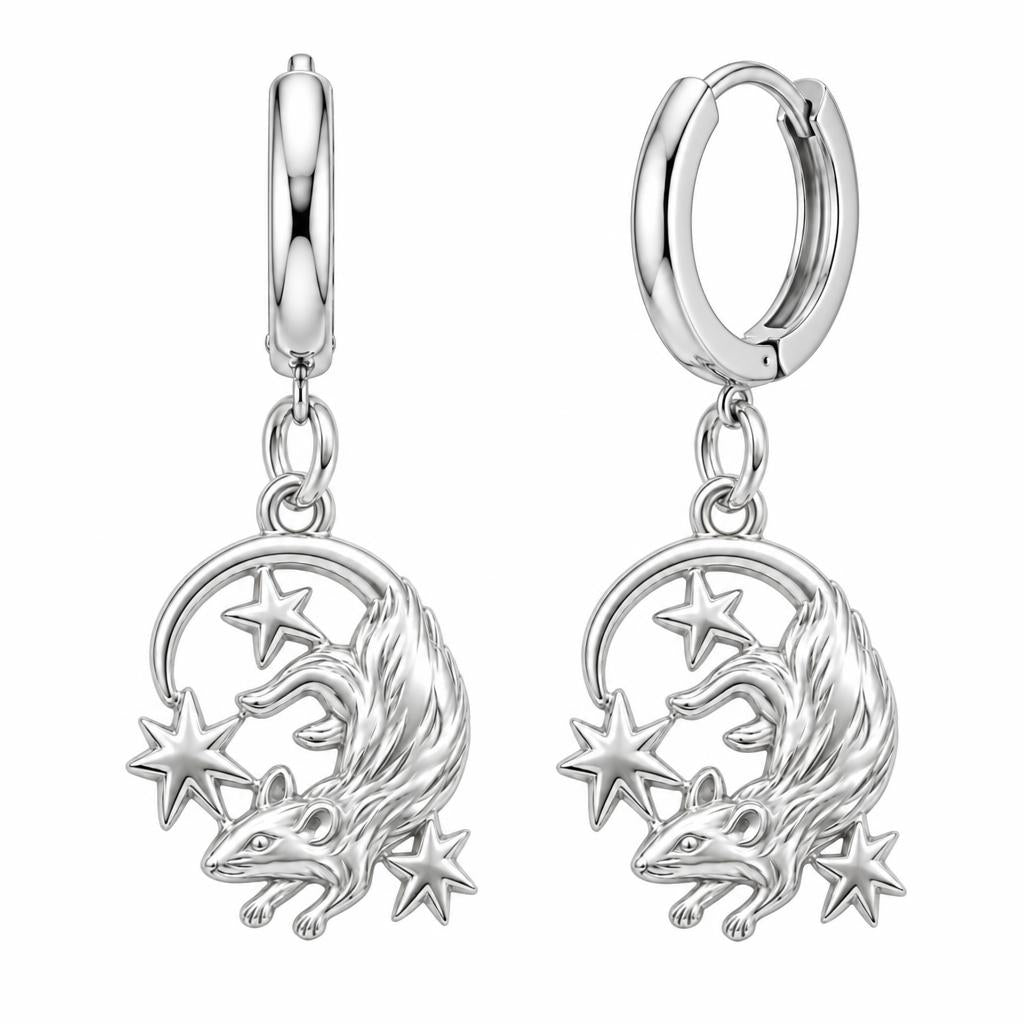 Rat Among the Stars Huggie Charm Earrings – silver, front view