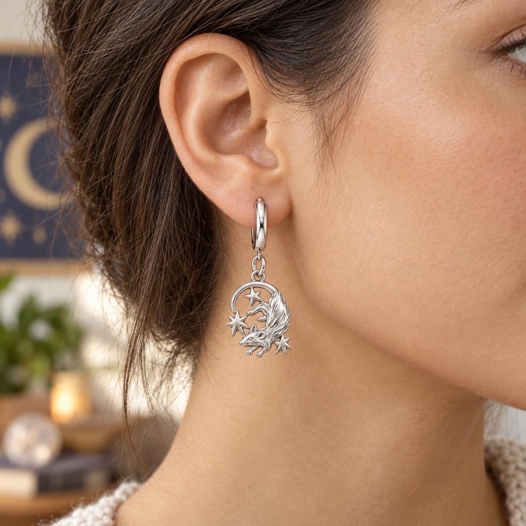 Rat Among the Stars Huggie Charm Earrings – worn / in use
