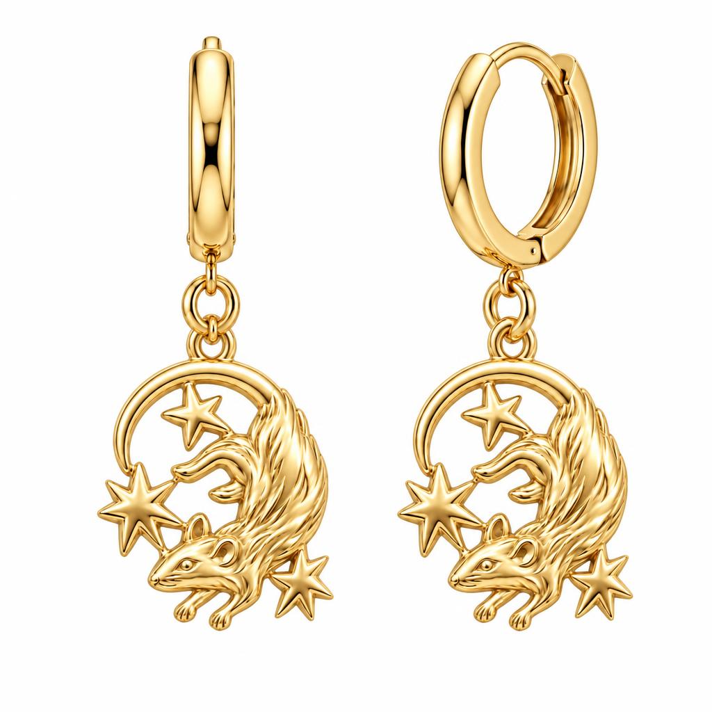 Rat Among the Stars Huggie Charm Earrings – 18K gold, front view