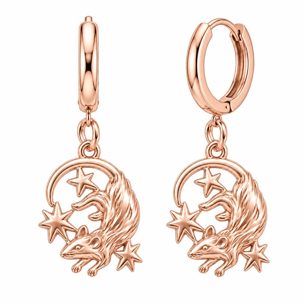 Rat Among the Stars Huggie Charm Earrings – rose gold, front view