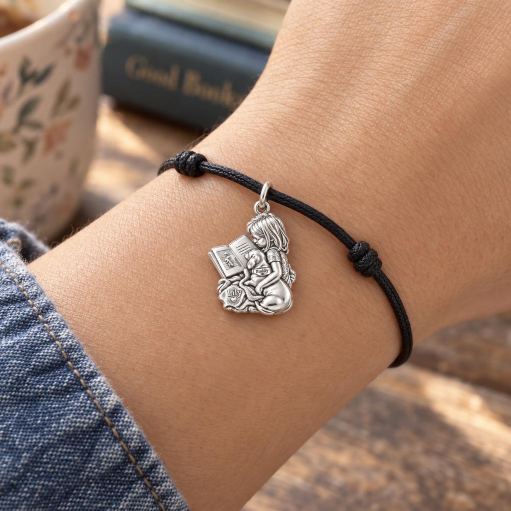Reading Buddies Charm Bracelet – Personalized Mom Gift – worn on the wrist on a black cord bracelet