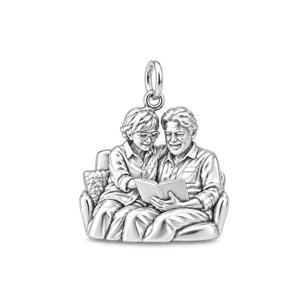 Reading Together Charm Bracelet – Personalized Couple Gift – silver charm, front view