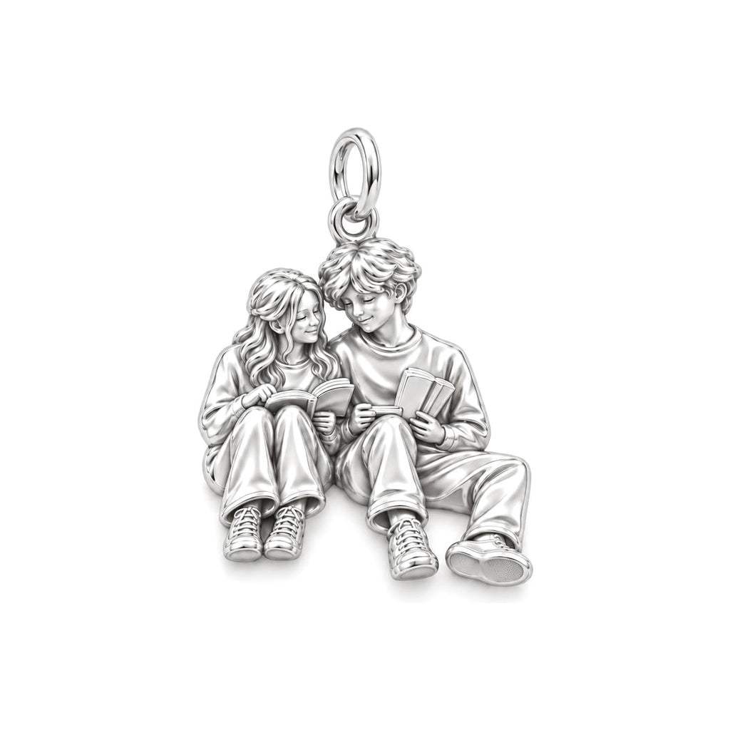 Reading Together Charm Bracelet – Personalized Couple Gift – silver charm, front view